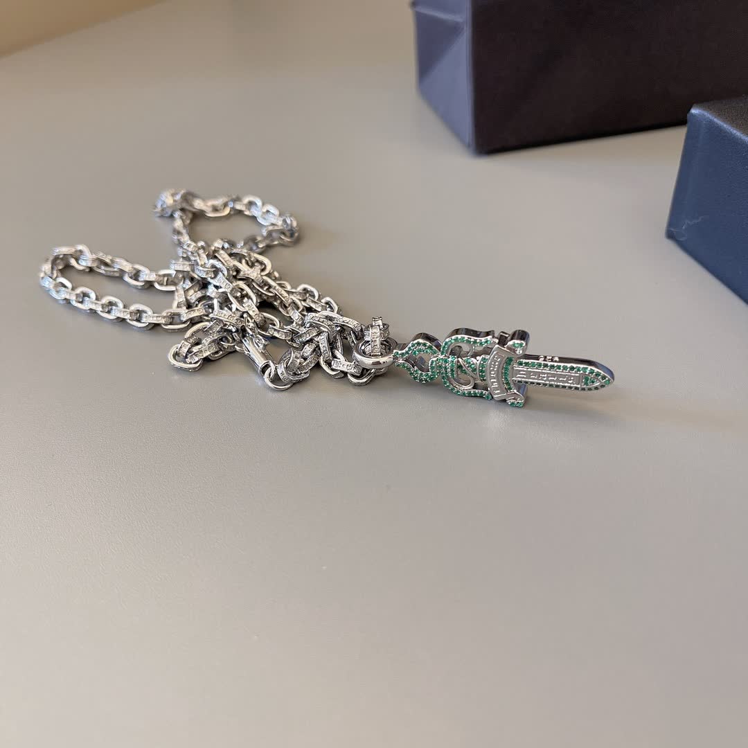 Chrome Hearts Silver Chain with Green Sword Pendant